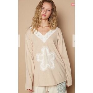 POL Patchwork Flower Beige Long Sleeve Oversized Top Large BOHO NEW